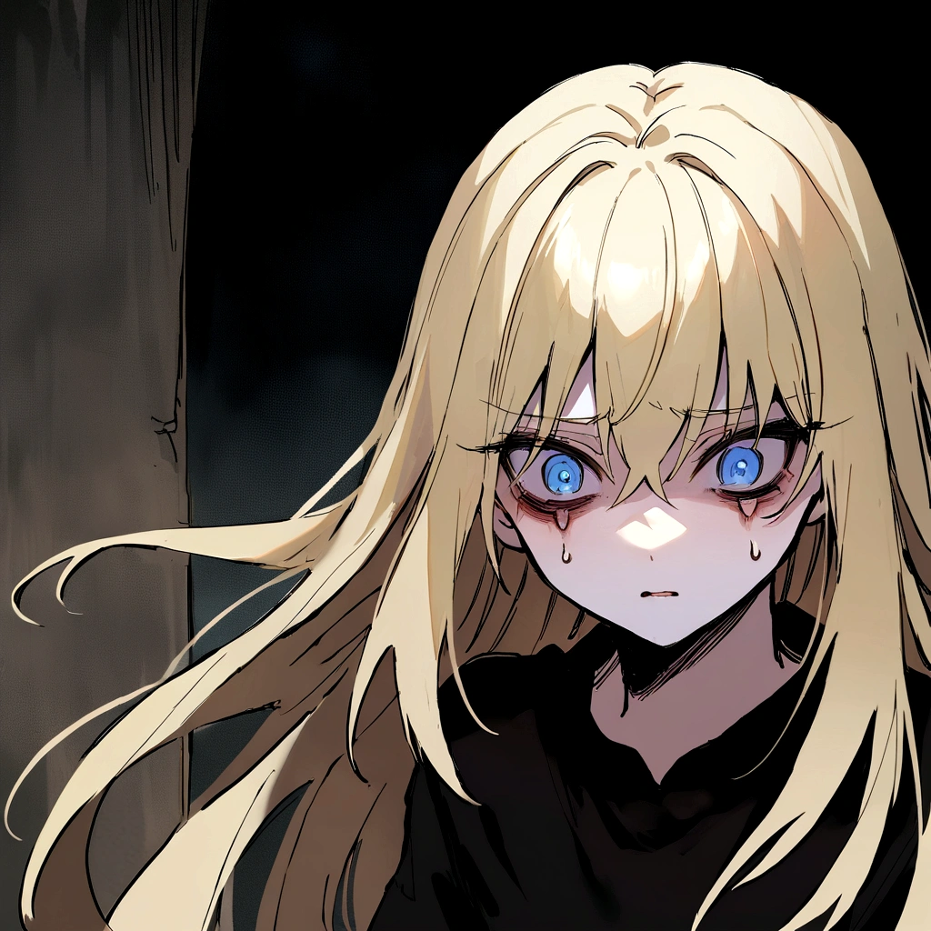 make me a female, 17 yo, blonde long hair, blue eyes, she's looking scared, black top, black baggy pants, horror background
