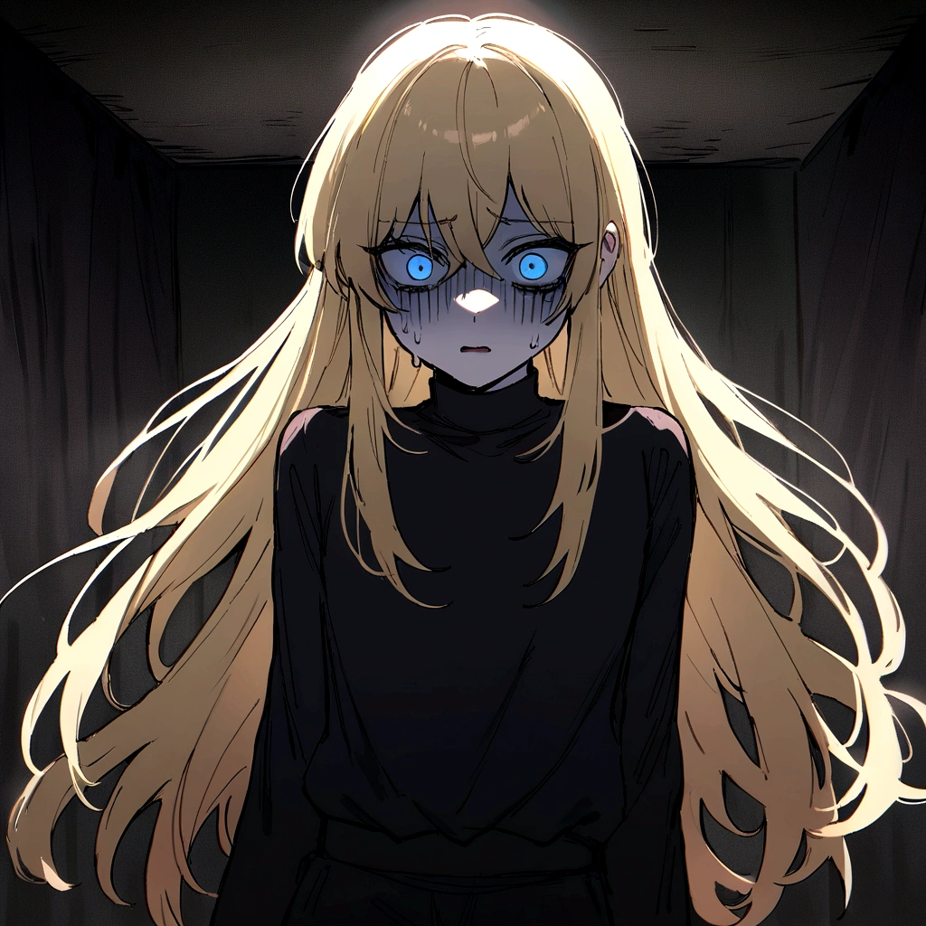 make me a female, 17 yo, blonde long hair, blue eyes, she's looking scared, black top, black baggy pants, horror background