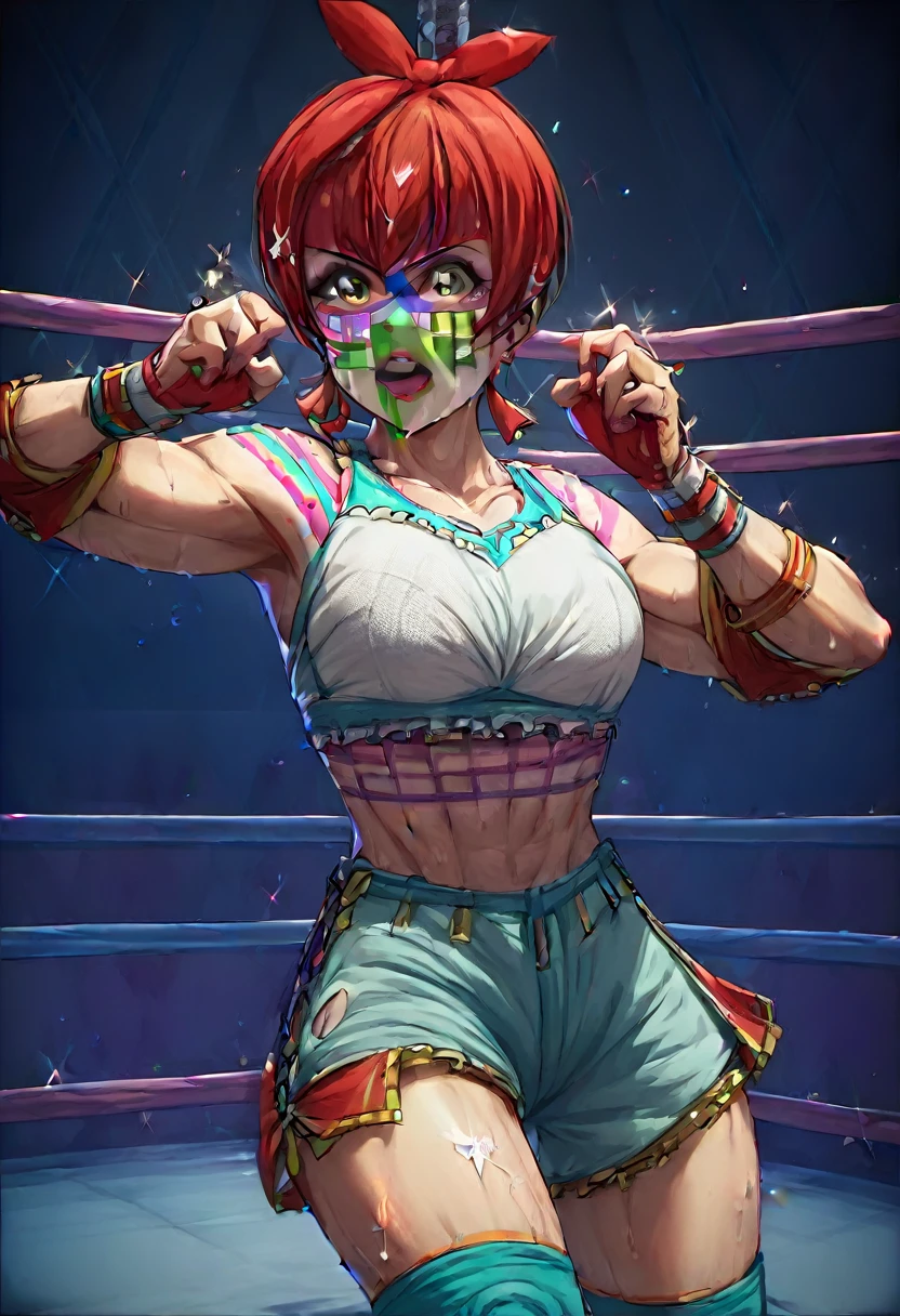 Masterpiece, sksrin, beautiful , facial details, 8k wallpaper, Rin Hoshizora Love Live, short hair, white gym bra, micro shorts , wrestling outfit,(lipstick:0.8), (face paint),Fascinated by her beauty , victory pose,in wrestling ring 