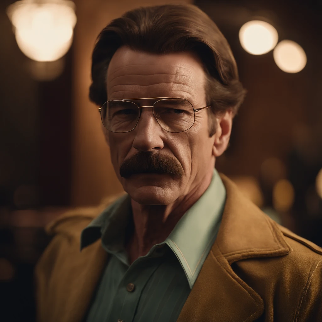 Walter white with a 1970s hairstyle & mustache with side burns & 70’s fashion clothing