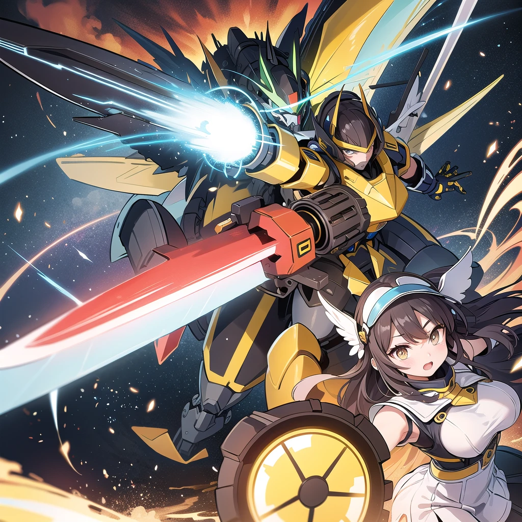 Mecha, combat support, 2 wings, 1 sword and a round shield, yellow color, round head with visor