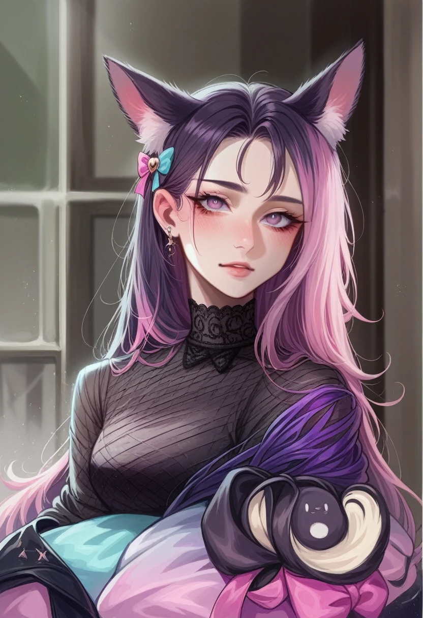 There is a girl with long hair,Wide-open and closed squat position,Rabbit ears and pink bow, Girl with cat ears, with bunny ears, lalisa manobal, belle delphine, Lalisa Manoban in blackpink, short detailed hair,Colorful hair color、slightly drooping eyes、 very beautiful cute catgirl, young cute wan asian face, ulzzangs, wearing pink hair bow, portrait of jossi of blackpink