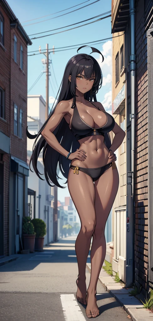 Masterpiece, best quality, high resolution, 1 woman, Karin , black skin , black hair , golden eyes , black tank top , black bikini , abdomen , big breasts, Long legs , Barefoot , Put your hands on your hips. , stand perfectly erect , alley , tall building 