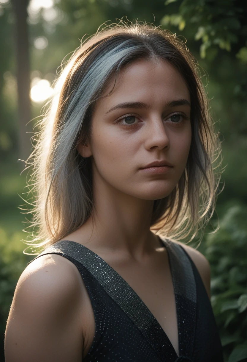 highly detailed, 8k, Masterpiece, 1 girl, Two-tone gray_Hair, dress , , (perfect_face), florida, intricate, dramatic lighting, 4k, detailed_bottom, Caustics, portrait, , of_side  