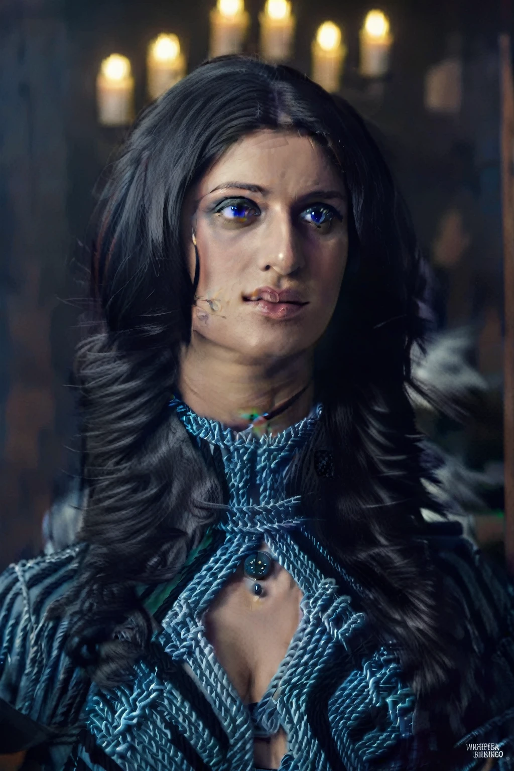 masterpiece, yennefer of vengerberg standing for an portrait, violet eyes