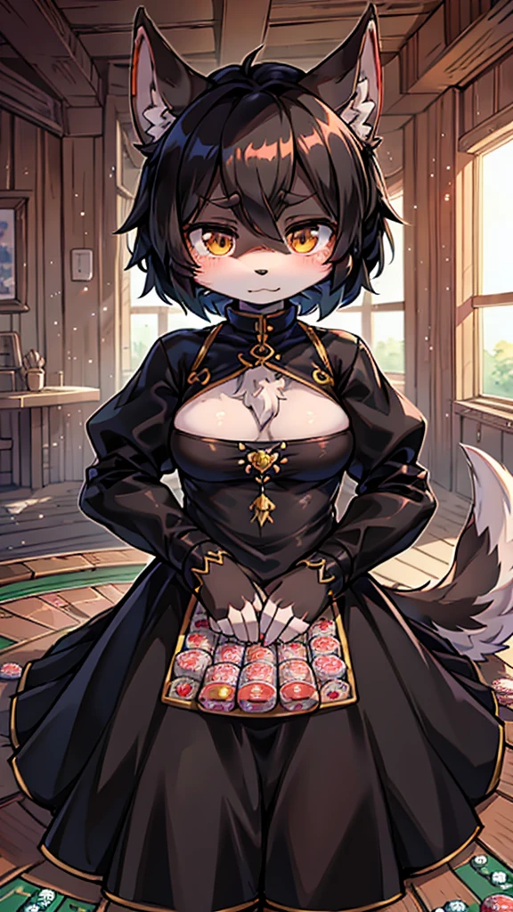 Close-up above the waist,Half side,Poker face狼女孩,Personification狼女孩,Female wolves,Personification,furry,hairy,fuzzy,Body hair,short hair,big,Noble clothing,Dress,Dress,晚Dress,grace,Poker face,Poker face,Poker face ,Black hair,全身灰Black hair,Dark Skin,Dark skin,Black hair,贵族Dress,big耳朵,Wolf Ear Girl,Wolf Tail,cute,Poker face,Unhappy expressions,Melancholy expression,loli,grace,Slender figure,Girl-like wolf girl,flat chest,Light and Shadow,indoor背景,indoor,cute,Poker face,cool girl,poker face