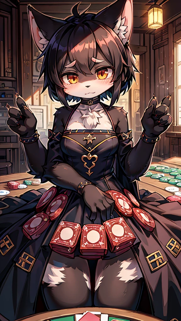 Close-up above the waist,Half side,Poker face狼女孩,Personification狼女孩,Female wolves,Personification,furry,hairy,fuzzy,Body hair,short hair,big,Noble clothing,Dress,Dress,晚Dress,grace,Poker face,Poker face,Poker face ,Black hair,全身灰Black hair,Dark Skin,Dark skin,Black hair,贵族Dress,big耳朵,Wolf Ear Girl,Wolf Tail,cute,Poker face,Unhappy expressions,Melancholy expression,loli,grace,Slender figure,Girl-like wolf girl,flat chest,Light and Shadow,indoor背景,indoor,cute,Poker face,cool girl,poker face