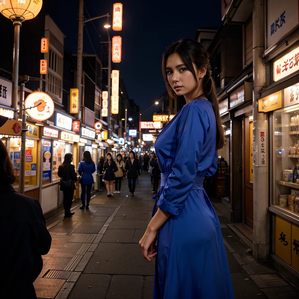 Female supermodel. Royal blue dress. Dim, soft lighting. Sunset. Sugamo Jizodori Shopping Street, Tokyo, Japan. Sunset.