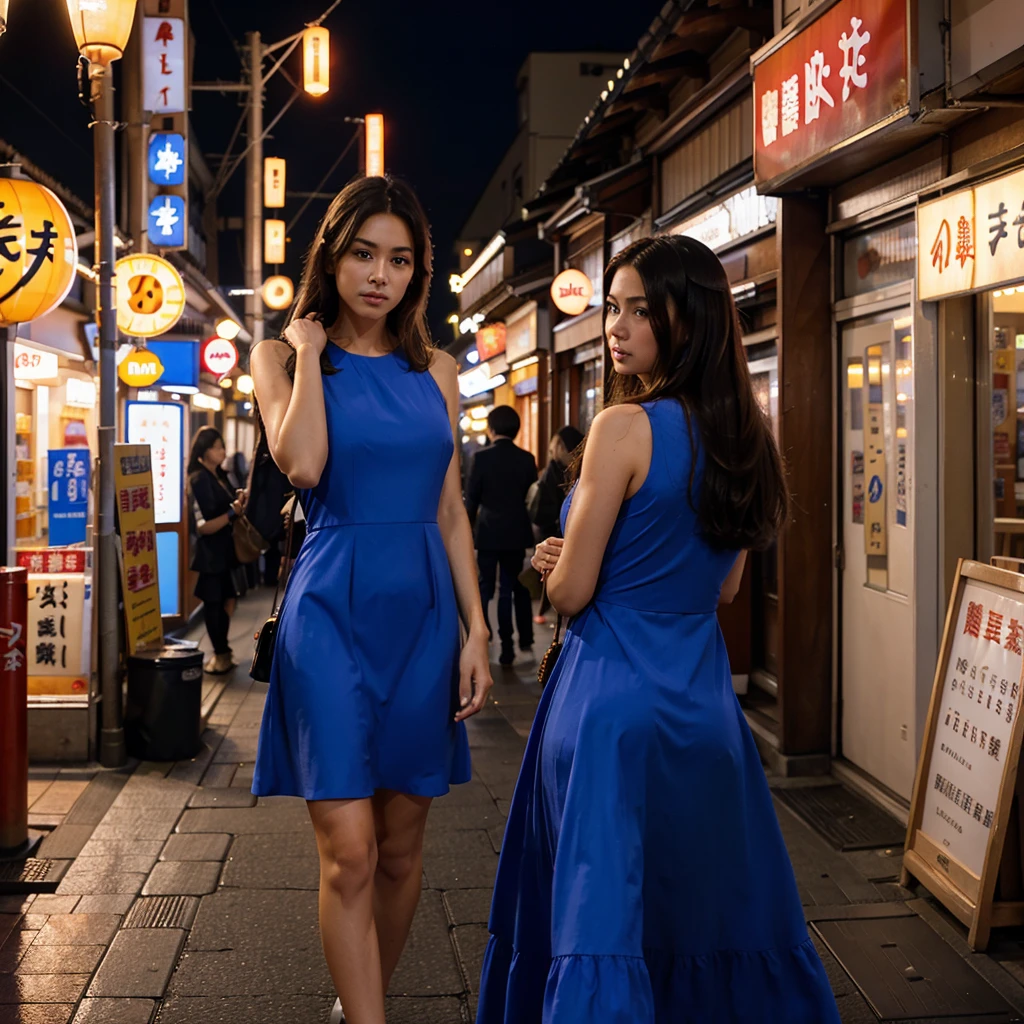 Female supermodel. Royal blue dress. Dim, soft lighting. Sunset. Sugamo Jizodori Shopping Street, Tokyo, Japan. Sunset.