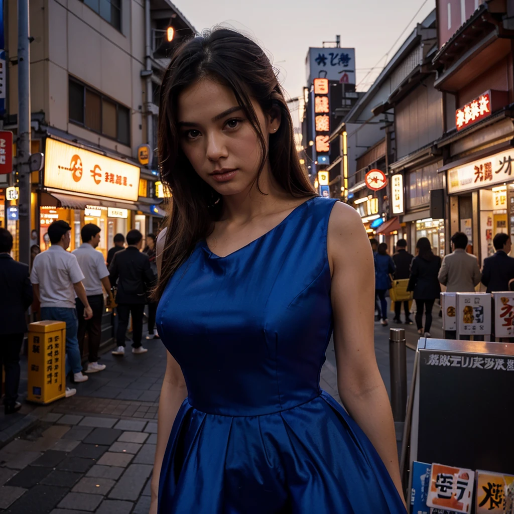 Female supermodel. Royal blue dress. Dim, soft lighting. Sunset. Sugamo Jizodori Shopping Street, Tokyo, Japan. Sunset.