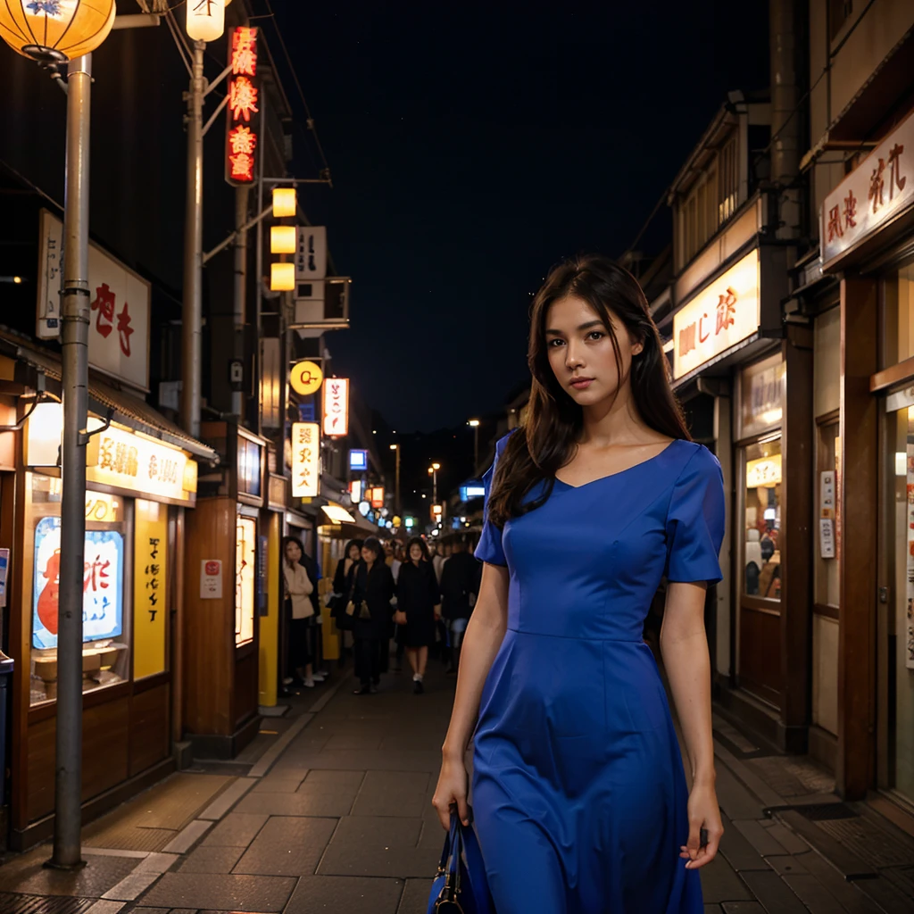 Female supermodel. Royal blue dress. Dim, soft lighting. Sunset. Sugamo Jizodori Shopping Street, Tokyo, Japan. Sunset.