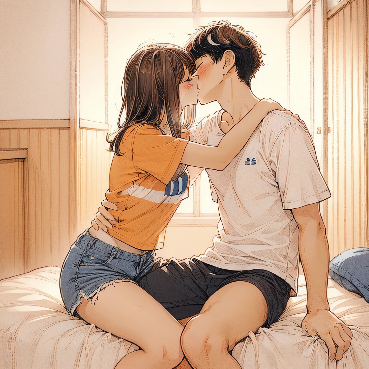 Amazing portrait of a young woman wearing white and orange striped t shirt and orange shorts and young boy wearing a navy blue t shirt and black shorts sitting on a bed together and kissing and making out passionately in a sexy and hot and lustful setting