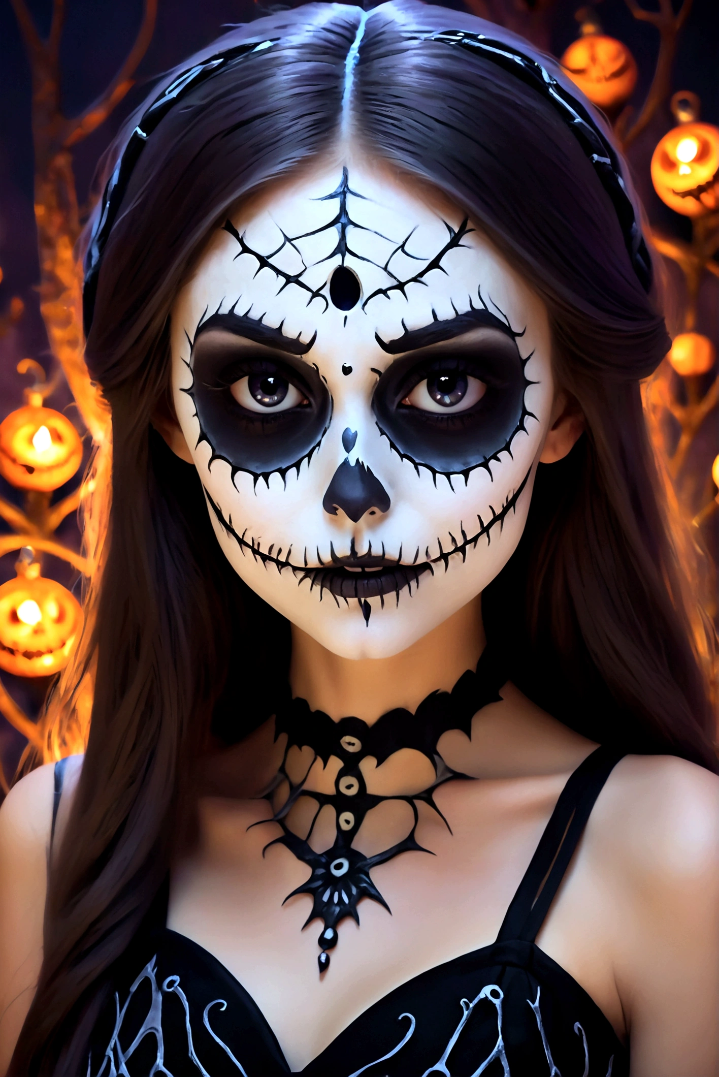 Create an image of a stunningly gorgeous perfect adorable young adolescent ager girl, Stunningly gorgeous perfect face, suger skull, death makeup, jack Skellington strappy dress, in the nightmare before Christmas universe,