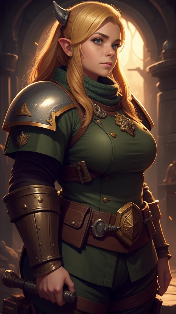 warhammer 40k imperial guardsman, ((female dwarf)). blonde hair, bare hand, hobbit, hafling, pants, green chest armor, ((big nose)), large expressive eyes, in a spaceship, chubby face
