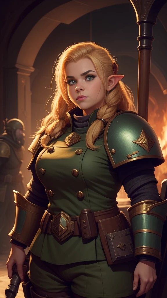 warhammer 40k imperial guardsman, ((female dwarf)). blonde hair, bare hand, hobbit, hafling, pants, green chest armor, ((big nose)), large expressive eyes, in a spaceship, chubby face