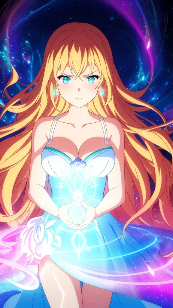 beautiful girl, puffy tiered ballgown, vibrant pastel colors,(20years old,madure female),(angry),closed mouth,white dress,cleavage,sleeveless,((glowing blonde long hair)), magical lights, sparkling magical liquid, inspired by Glen Keane, inspired by Lois van Baarle, disney art style, by Lois van Baarle, glowing aura around her, by Glen Keane, jen bartel, glowing lights! digital painting, flowing glowing hair, glowing flowing hair, beautiful digital illustration, fantasia background, whimsical, magical, fantasy, ((masterpiece, best quality)), intricate details, highly detailed, sharp focus, 8k resolution, sparkling detailed eyes, liquid watercolor,