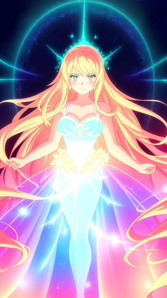 beautiful girl, puffy tiered ballgown, vibrant pastel colors,(20years old,madure female),(angry),closed mouth,white dress,cleavage,sleeveless,((glowing blonde long hair)), magical lights, sparkling magical liquid, inspired by Glen Keane, inspired by Lois van Baarle, disney art style, by Lois van Baarle, glowing aura around her, by Glen Keane, jen bartel, glowing lights! digital painting, flowing glowing hair, glowing flowing hair, beautiful digital illustration, fantasia background, whimsical, magical, fantasy, ((masterpiece, best quality)), intricate details, highly detailed, sharp focus, 8k resolution, sparkling detailed eyes, liquid watercolor,