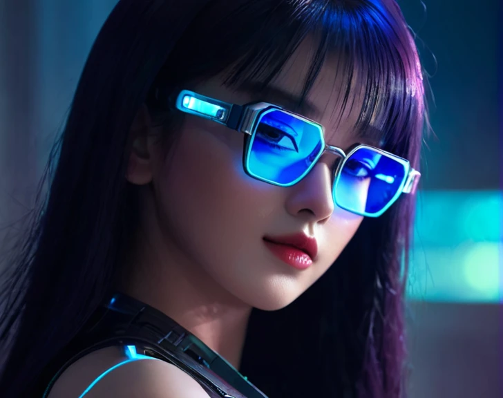Cyberpunk,girl with blue glasses,Luces led.