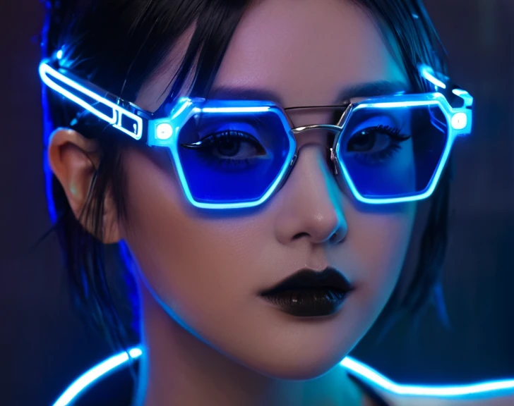 Cyberpunk,girl with blue glasses,Luces led.