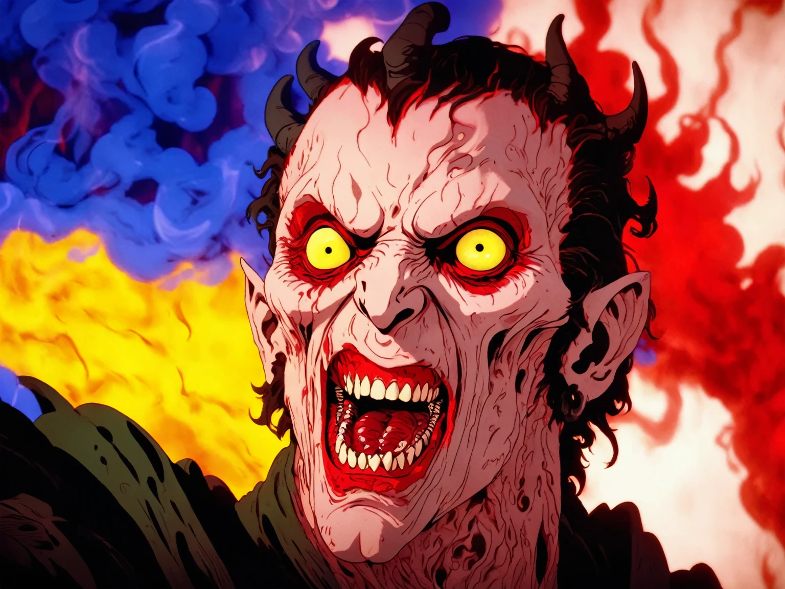 Horror-themed cinematic film still,a horrifying red-skinned male demon king,  (detailed monstrous evil face:1.4), screaming,  (detailed scaly skin texture:1.2), long curved horns, (in hell, swirling tormented souls, billowing smoke:1.5),   ignette, highly detailed, high budget, bokeh, cinemascope, moody, epic, gorgeous, film grain, grainy . Eerie, unsettling, dark, spooky, suspenseful, grim, highly detailed