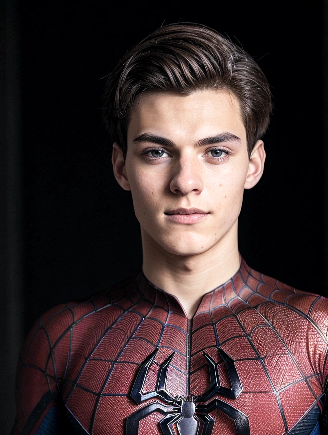 attractive 20 year old man, spider man uniform, without mask, thousands of morals, , Front camera focus, portrait mode, perfectly straight in front of the camera