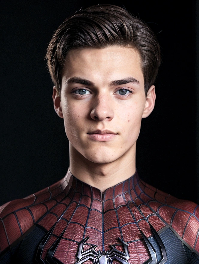 attractive 20 year old man, spider man uniform, without mask, thousands of morals, , Front camera focus, portrait mode, perfectly straight in front of the camera