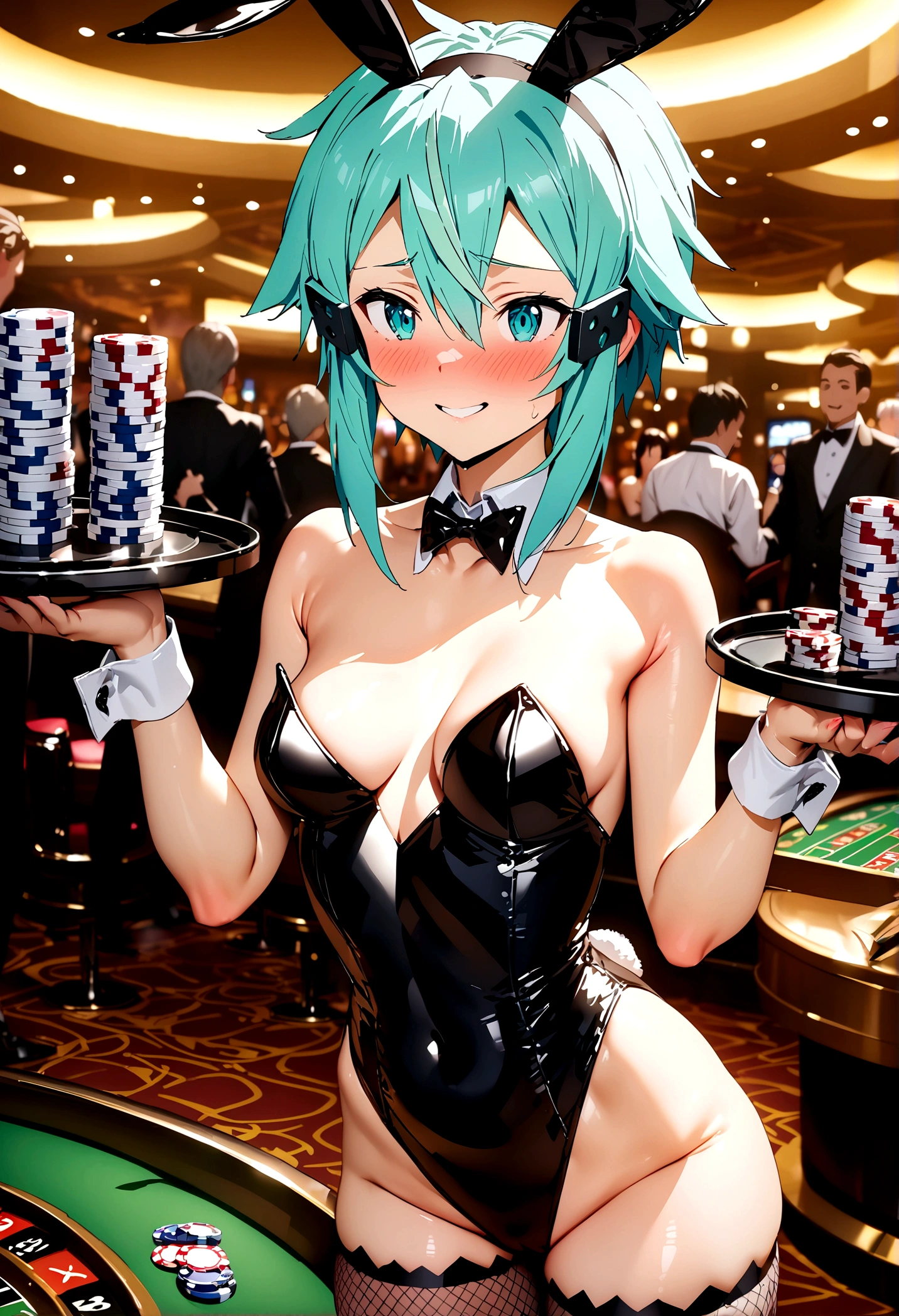 NSFW,masterpiece,Highest quality,High resolution,Super detailed,Sinon\(Sword Art Online\),Playboy Bunny,Streaks,Large fishnet stockings,Embarrassed,expectant face,Bad smile,blush,casino,tray