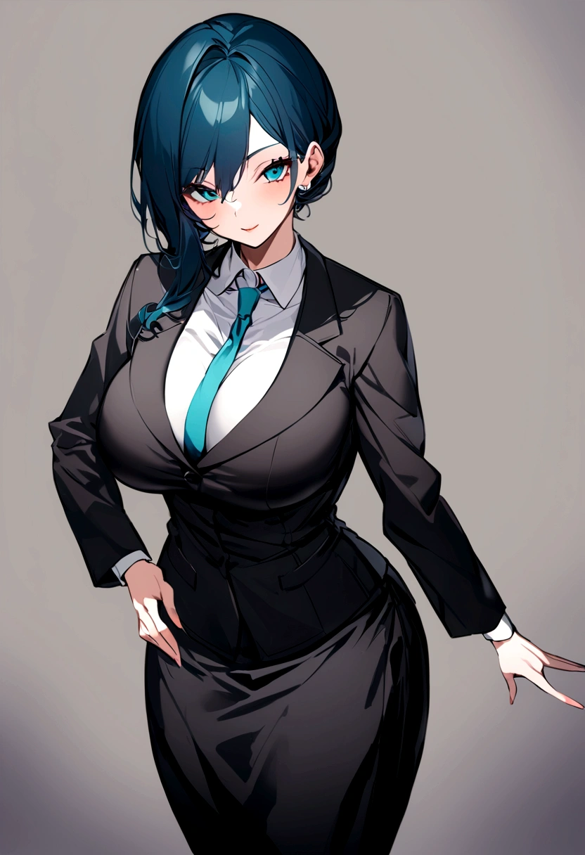 My name is Akari., I am a white test woman with long dark blue hair , turquoise eye color . I am 1.62 cm tall and weigh 47 kg. My breasts measure 90 cm, my waist 40 cm and my hips 240 cm. Dressed in a lawyer's outfit . With breasts 90 cm