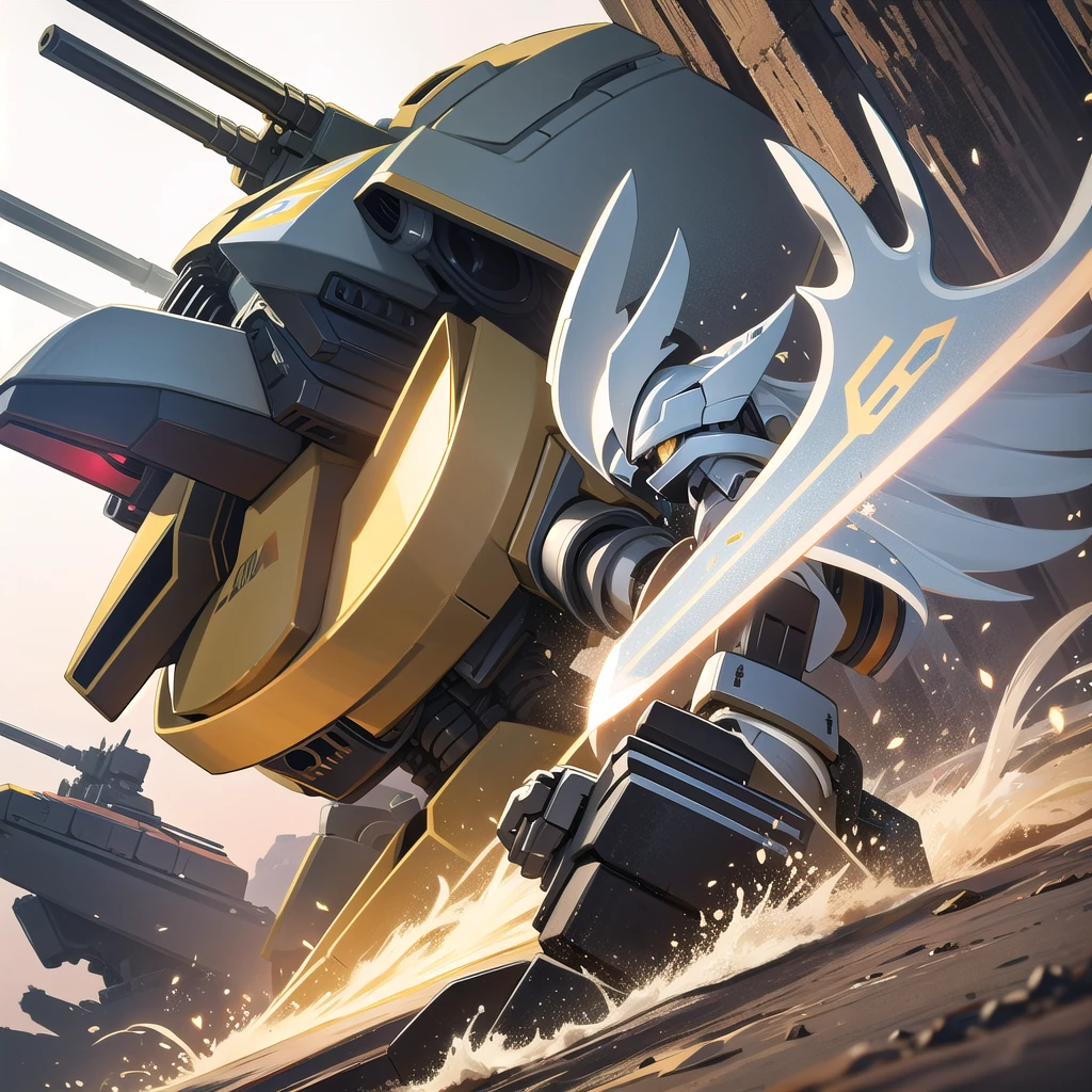 Mecha, giant combat support robot, 2 wings, 1 sword and a round shield, yellow color, round head with visor