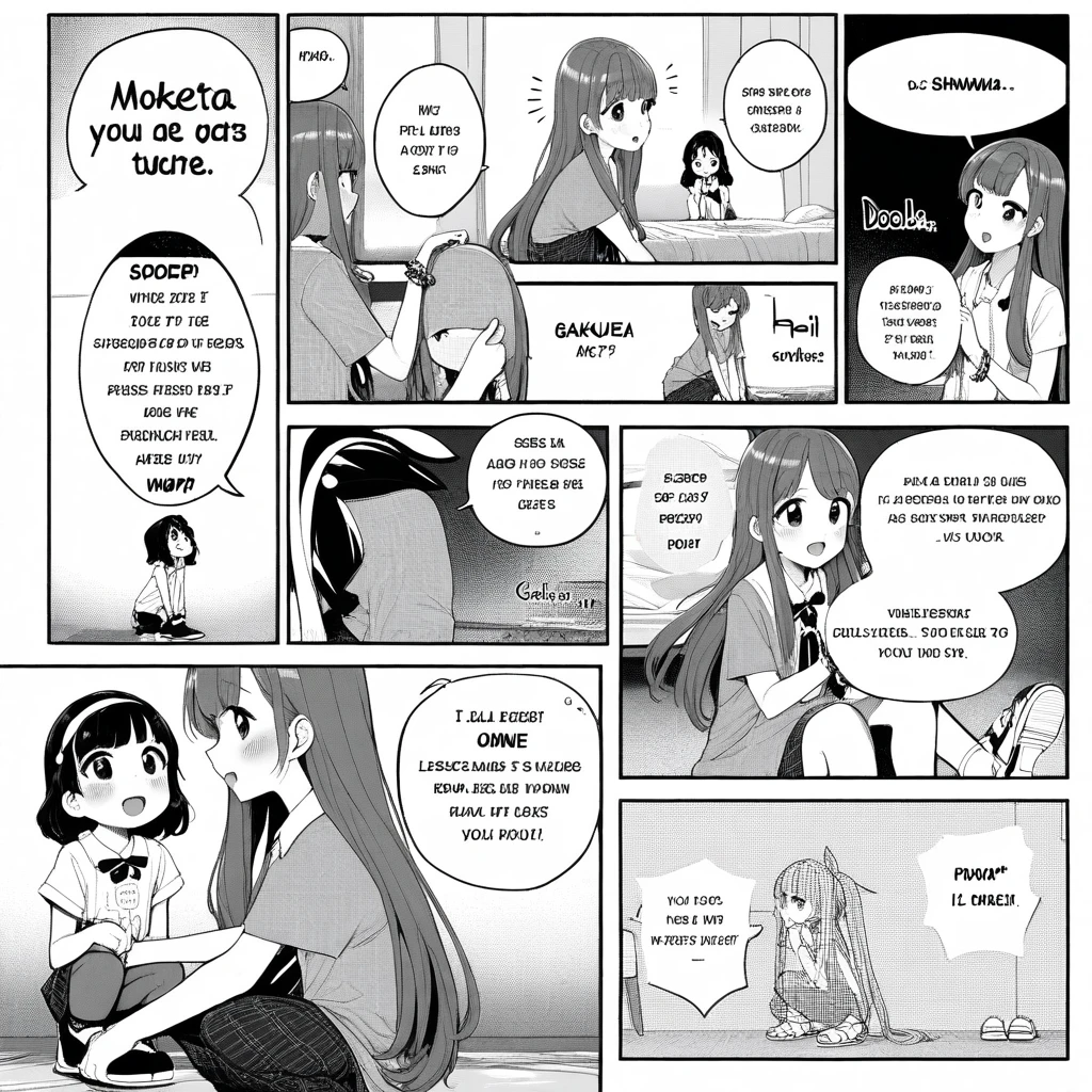 1girl, rei \(rei's room\), moketa, idolmaster, gakuen idolmaster, shinosawa hiro, aged down, bracelet, comic, hand on another's leg, jewelry, long hair, sandals, shoes, sneakers, squatting, very long hair, absurdres, greyscale, hatching \(texture\), depth of field, english text, speech bubble, ((very aesthetic, best quality, ultra detailed))