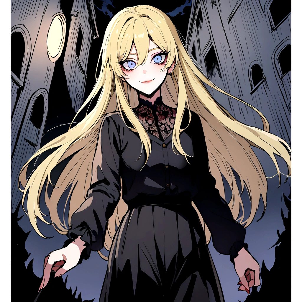 make me a female, 17 yo, blonde long hair, blue eyes, she's smiling, black top, black baggy pants, horror background