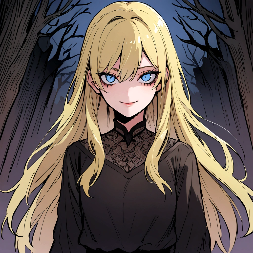 make me a female, 17 yo, blonde long hair, blue eyes, she's smiling, black top, black baggy pants, horror background