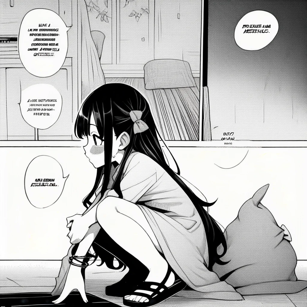 1girl, rei \(rei's room\), moketa, idolmaster, gakuen idolmaster, shinosawa hiro, aged down, bracelet, comic, hand on another's leg, jewelry, long hair, sandals, shoes, sneakers, squatting, very long hair, absurdres, greyscale, hatching \(texture\), depth of field, english text, speech bubble, ((very aesthetic, best quality, ultra detailed))