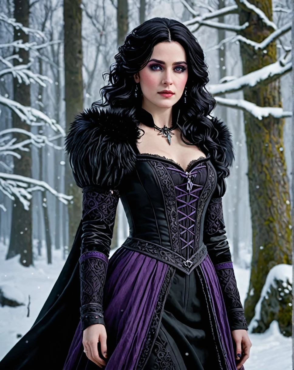 ((ultra detailed, masterpiece, best quality))
W3Yennefer, 1girl, solo, purple eyes, dress, in a winter wonderland