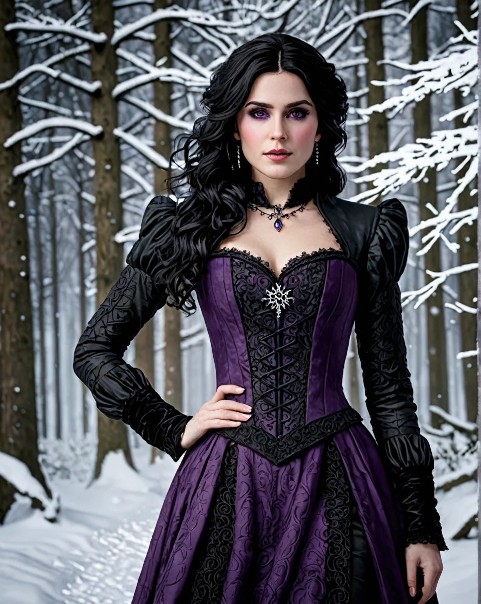((ultra detailed, masterpiece, best quality))
W3Yennefer, 1girl, solo, purple eyes, dress, in a winter wonderland