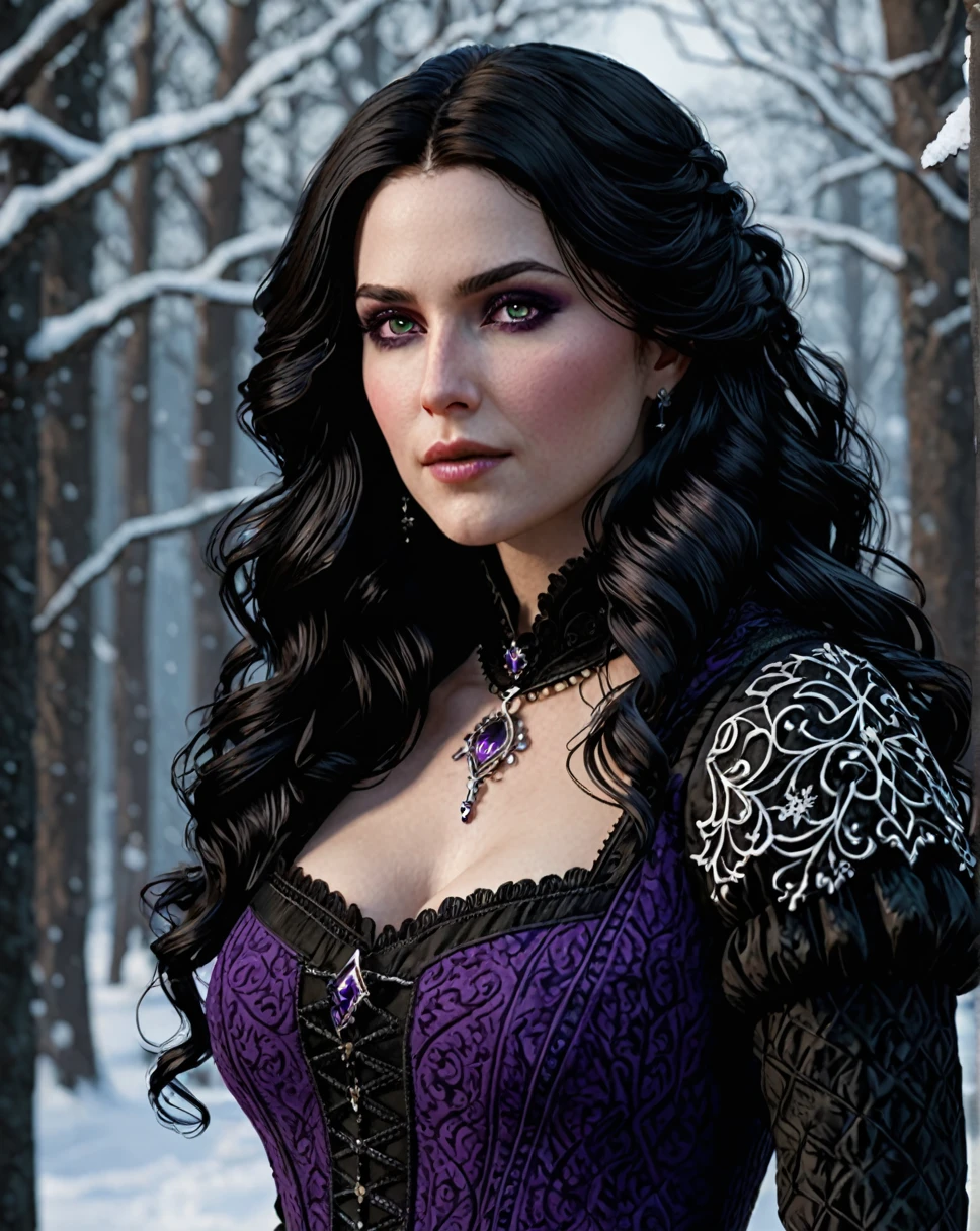 ((ultra detailed, masterpiece, best quality))
W3Yennefer, 1girl, solo, purple eyes, dress, in a winter wonderland