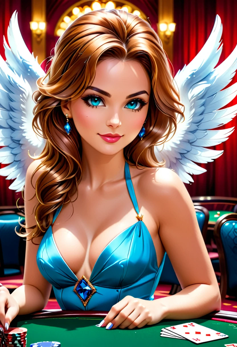 Arafed a picture of a female angel playing poker at gambling table, she sits near the table holding some cards, exquisite beautiful female, ultra detailed face, (best detailed face: 1.3), dynamic eye color, dynamic hair color, dynamic hair style,, wearing elegant evening dress, (wings spread behind her: 1.3), gambling table at a casino background, vibrant, Ultra-high resolution, High Contrast, masterpiece:1.2, highest quality, Best aesthetics), best details, best quality, highres, ultra wide angle, 16k, [ultra detailed], masterpiece, best quality, (extremely detailed),