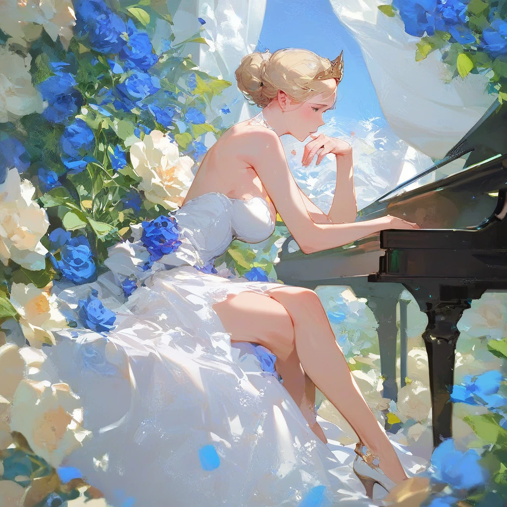 (score_9,score_8_up,score_7_up,) woman in fancy dress leaning over an upright grand piano at dusk with flowers around, 1girl, dress, solo, instrument, flower, high heels, sitting, tiara, white dress, blue eyes, blue flower, blonde hair, hair bun, Expressiveh, negative_hand, [[gwentstyle]], moon
