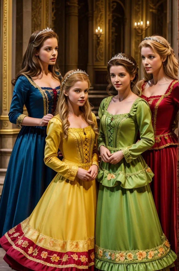 3 filles déguisées en Bimbettes, Beauty and The Beast, comédie musicale, trio, robe jaune,robe rouge, robe verte, fleurs dans les cheveux, blondes, soeurs, photo de famille, villageoises