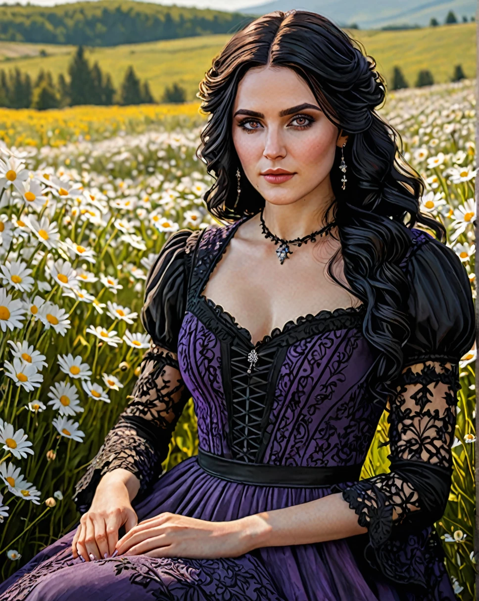 ((ultra detailed, masterpiece, best quality))
W3Yennefer, 1girl, solo, purple eyes, Amidst a field of daisies, bohemian-inspired maxi dress, warm sunlight filtering through, sitting with a bouquet and a serene expression