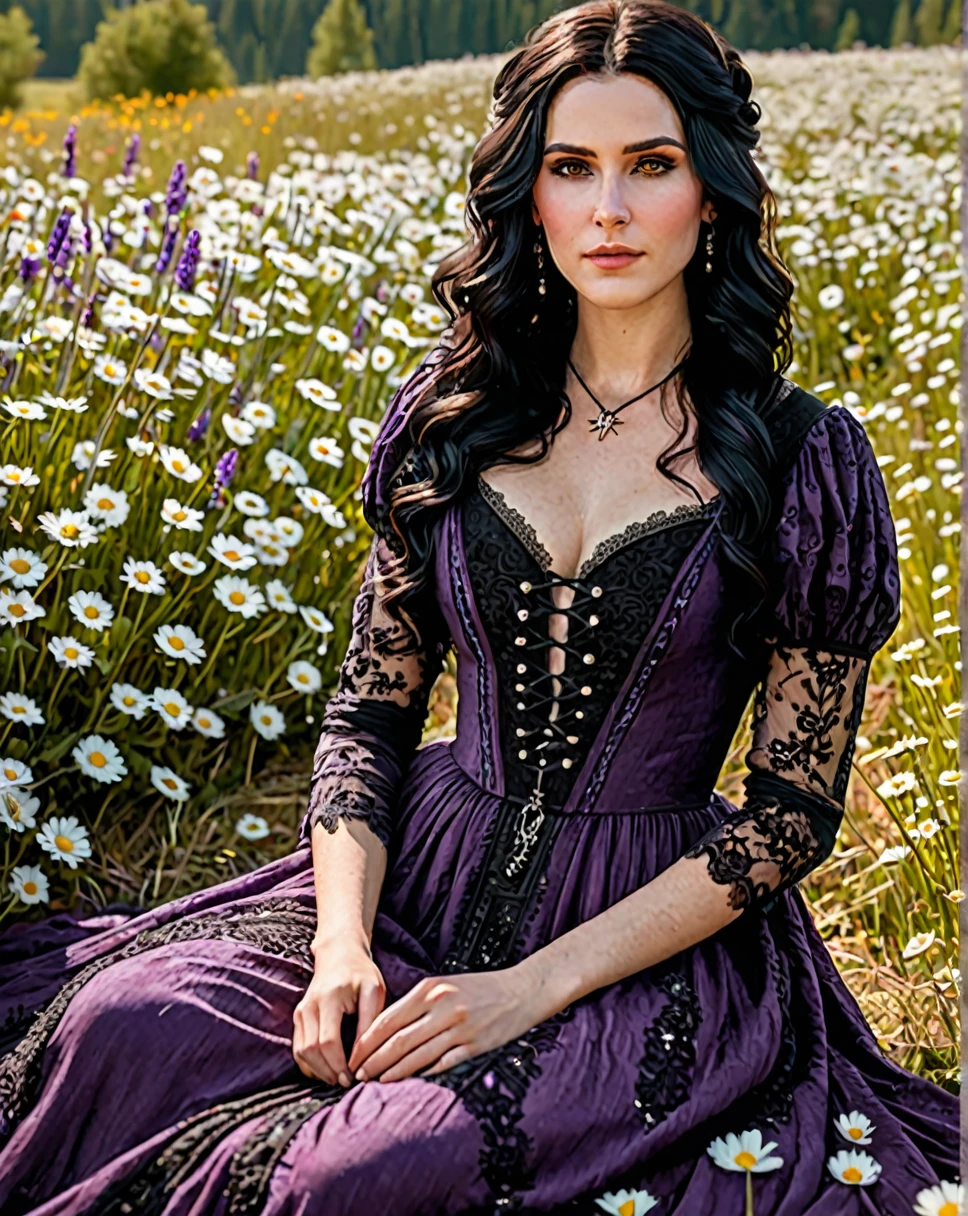((ultra detailed, masterpiece, best quality))
W3Yennefer, 1girl, solo, purple eyes, Amidst a field of daisies, bohemian-inspired maxi dress, warm sunlight filtering through, sitting with a bouquet and a serene expression