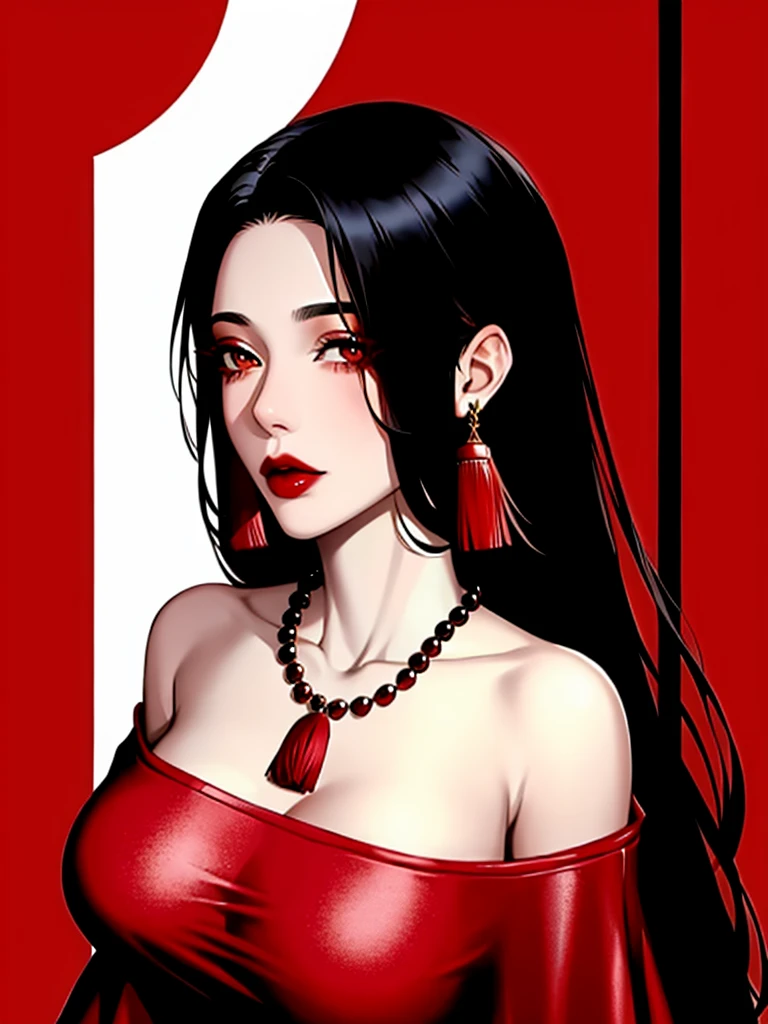 1girl in, Solo, Jewelry, Black hair, Necklace, Red lips, Long hair, lip stick, makeup, Upper body, Closed mouth, Red dress, Hair over one eye, clavicle, Dress,Red Theme,bad-girl,Shiny skin,(maturefemale), tassel earrings,saggy breasts,full body view 