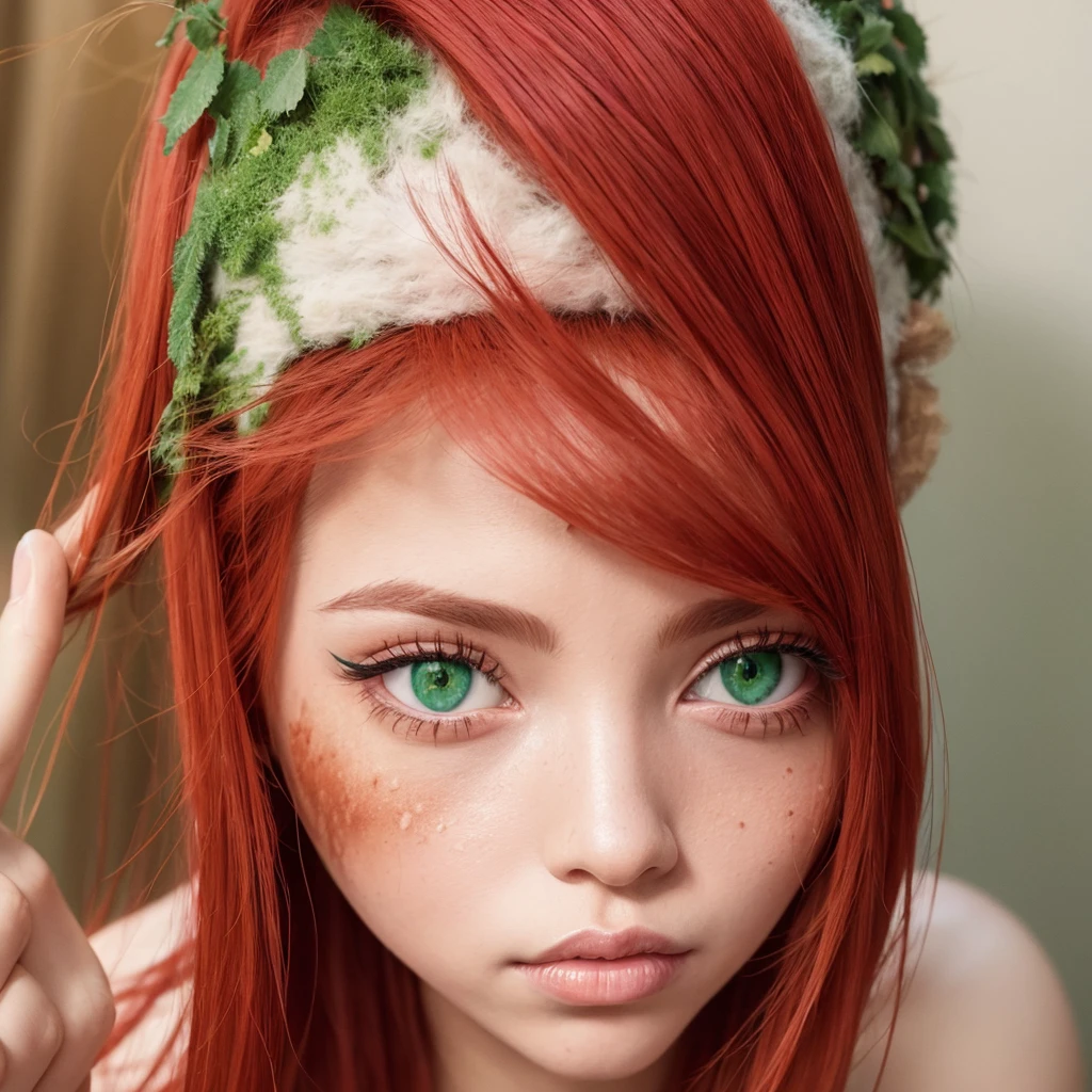 Ima red-haired woman with green eyes with vitiligo