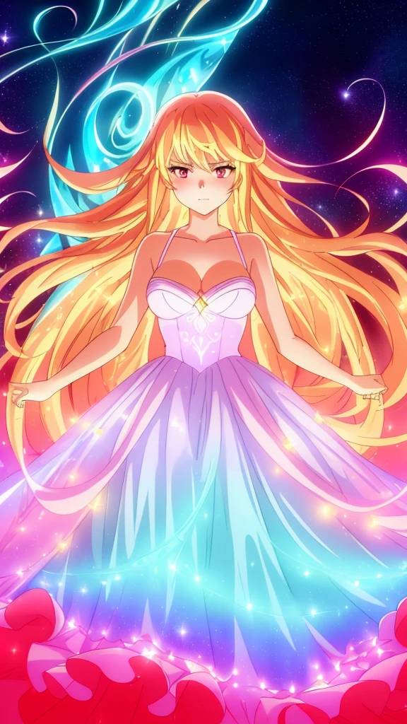 beautiful girl, puffy tiered ballgown, vibrant pastel colors,(20years old,madure female),(angry),closed mouth,white dress,cleavage,sleeveless,((glowing blonde long hair)), magical lights, sparkling magical liquid, inspired by Glen Keane, inspired by Lois van Baarle, disney art style, by Lois van Baarle, glowing aura around her, by Glen Keane, jen bartel, glowing lights! digital painting, flowing glowing hair, glowing flowing hair, beautiful digital illustration, fantasia background, whimsical, magical, fantasy, ((masterpiece, best quality)), intricate details, highly detailed, sharp focus, 8k resolution, sparkling detailed eyes, liquid watercolor,red theme,red moon,forest,night