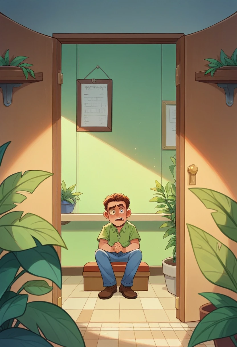 "high definition, Disney, pixar, Cartoon, scenario. a young boy, vestidos formalmente, with a hopeful and anxious look, is sitting in a modern, stylish waiting room of a large multinational company. Soft sunlight illuminates the room through large windows, reflecting in lush green plants and sophisticated furniture. No fundo, employees pass by with determined expressions. The boy holds an impeccable resume in his hands, looking towards the interview room door, where a director waits for the final stage of the selection process."