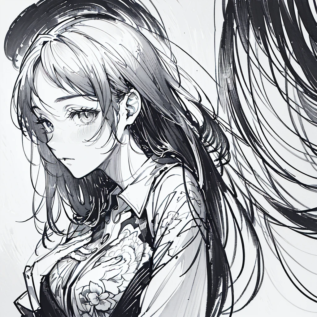 ((monochrome))(Image from chest up:1.4)((masterpiece:1.5,Highest quality,Beautiful images、Sketch、2.5D、Ink Painting、Artistic、Portraiture))(Profile Portrait,Straight ahead、take your eyes away from here、Shake your head、A sad expression, floating hair)(Plain background)from side