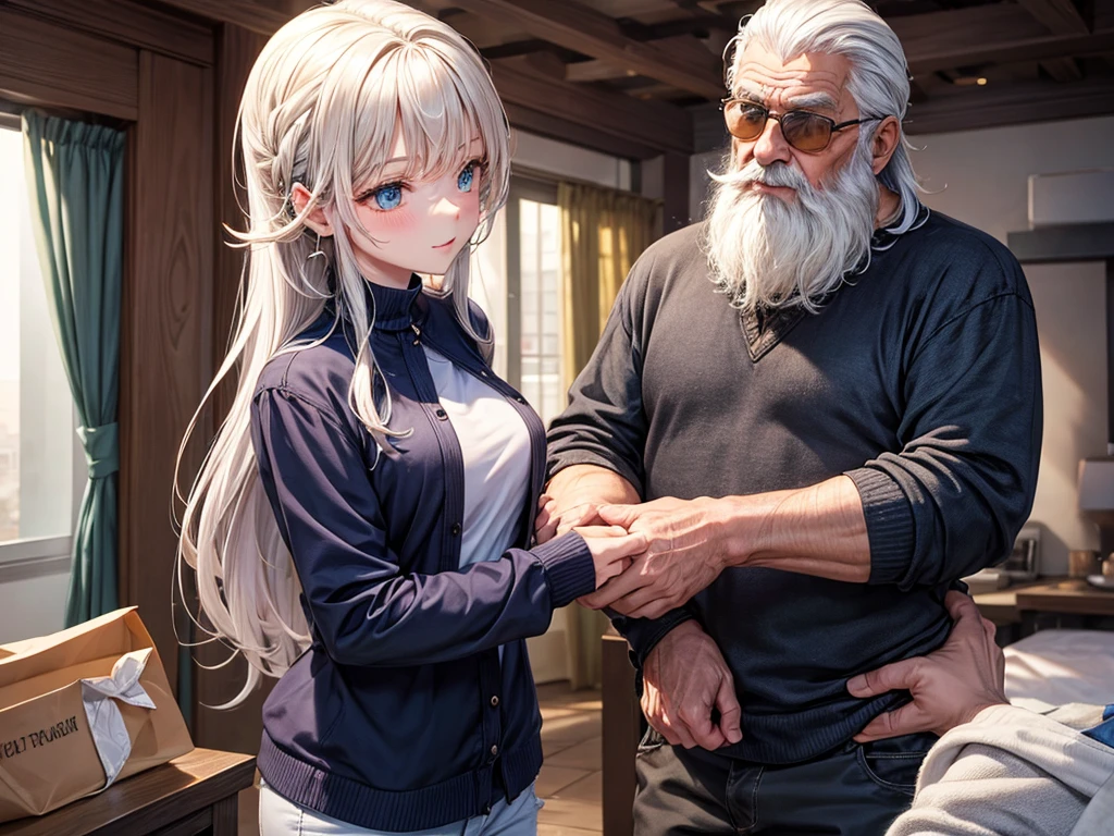 clothed old man touches pretty girl&#39;s naked breasts