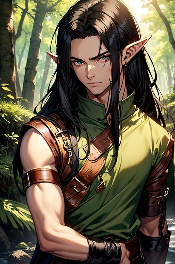 (masterpiece),best quality,1 male, beautiful face, handsome, muscle, sunlight, elf ears, pointy ears, handsome, young adult, black hair, olhos castanhos, long hair, leather clothes, forest background, face focus, portrait, pele verde