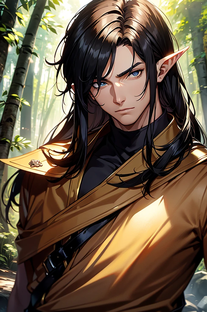 (masterpiece),best quality,1 male, beautiful face, handsome, muscle, sunlight, elf ears, pointy ears, handsome, young adult, black hair, olhos castanhos, long hair, leather clothes, forest background, face focus, portrait, pele verde