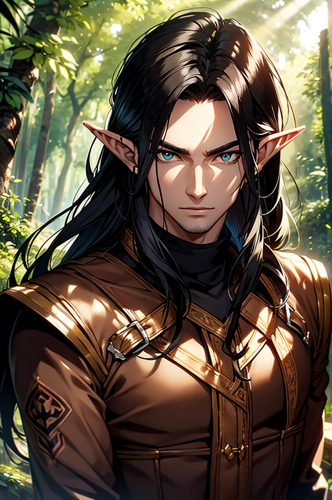 (masterpiece),best quality,1 male, beautiful face, handsome, muscle, sunlight, elf ears, pointy ears, handsome, young adult, black hair, olhos castanhos, long hair, leather clothes, forest background, face focus, portrait, pele verde